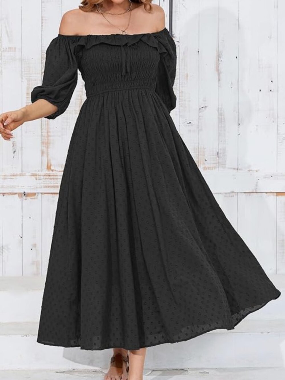 Black Puff Sleeve Smocked Cotton Midi Dress, size Medium